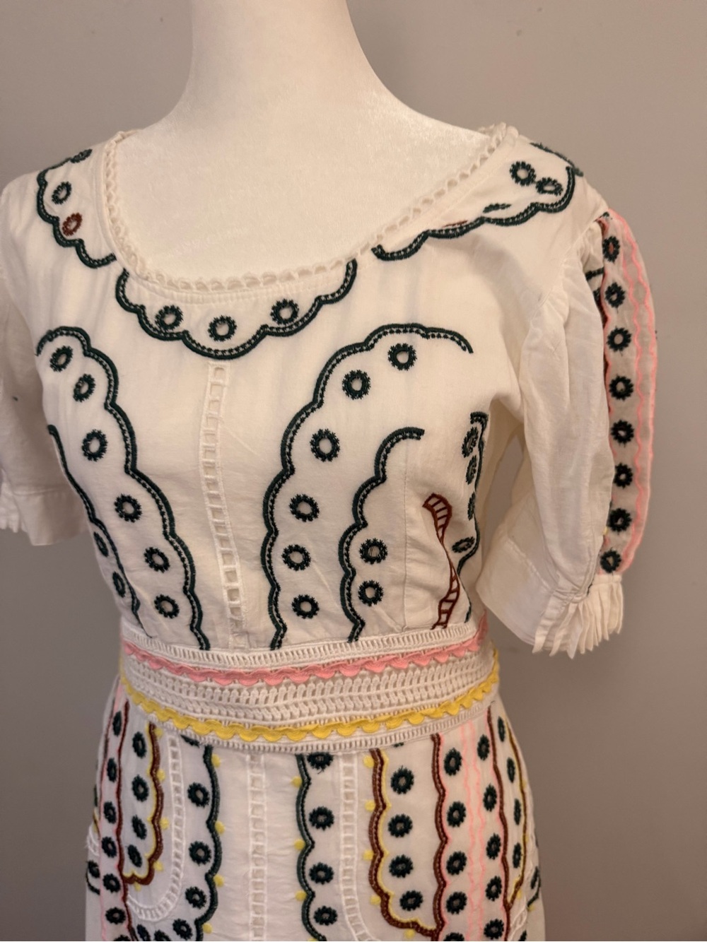 Boheme White Maxi Dress. Eyelet Embroidery and Blush/Yellow Trim - Picture 10 of 16
